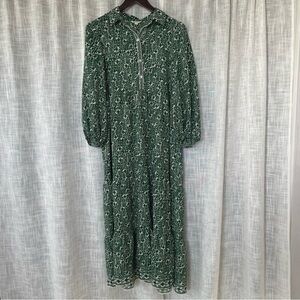 Max Studio Button Down Tiered 3/4 Sleeve Maxi Dress Green Botanical Leaf Print